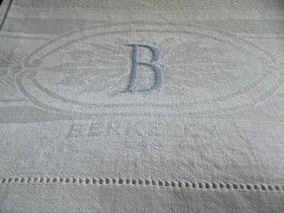 Antique 19c White Damask Linen Woven Uc " Berkeley " Chic Bath Towel Blue Mono B