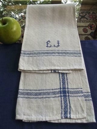 Antique German Huck Linen Kitchen Towel Woven Blue Stripes Monogram Ej 19x28 "