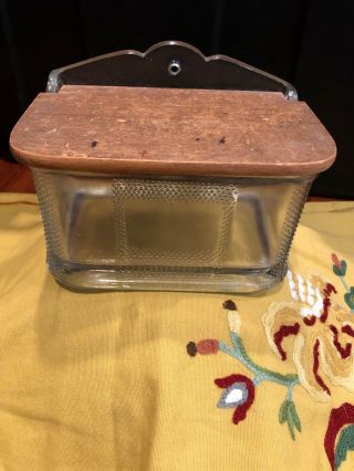 Antique Glass Salt Box/glass With Wood Lid/european