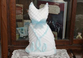 Vintage Chenille bedspread Kitty Cat Pillow Toy white w aqua blue 2