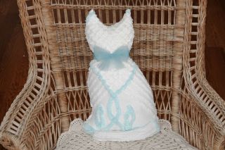 Vintage Chenille bedspread Kitty Cat Pillow Toy white w aqua blue 5