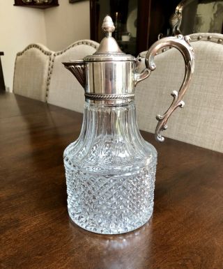Vintage 10 " Crystal Glass Wine Water Decanter Pitcher Carafe Silver Plate Italy