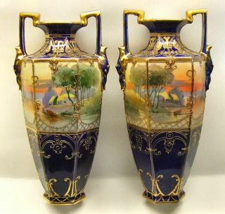 Antique Noritake Komaru Stamp Vases - Blue/gilt & Landscape/water/boats