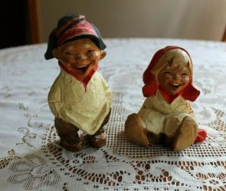 Vintage - Henning - Norway - Hand Carved " Laughing Girl & Boy " Trolls Figures Set