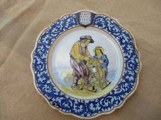 Antique French Quimper Porquier - Beau Plate Briec Armorial Crests Brittany Xix Th
