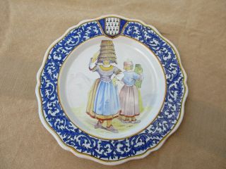 Antique French Quimper Porquier Beau Plate Penmarch Armorial Crests Brittany Xix