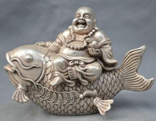 China Silver Bronze Happy Maitreya Buddha Monk Ride Fish Statue