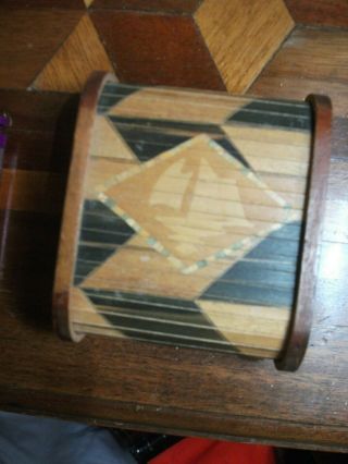 Vintage Art Deco Pictorial Wooden Trinket Box With Roll Top Lid Circa 1930.