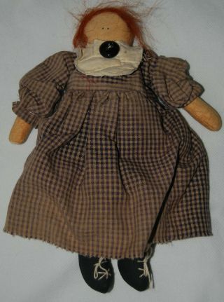 Vintage Primitive Rag Doll Cloth Handmade Red Hair Checkered Dress 9 " Bloomers