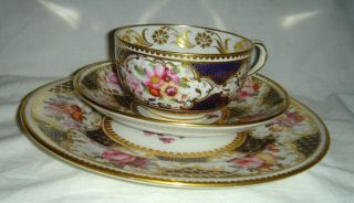 QUALITY ANTIQUE HARRODS LONDON BATWING CUP & SAUCER TRIO,  FLOWERS & GOLD GILT 7