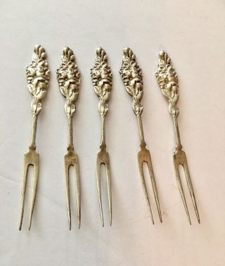 Set Of 5 Ornate Floral Art Nouveau Sterling Silver Fruit/cheese Forks