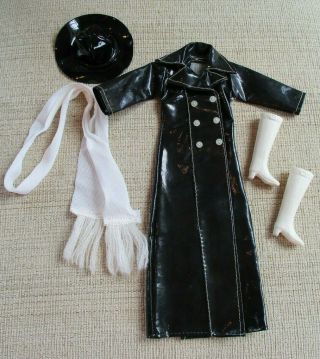 Vintage Barbie Clone Mego Maddie Mod Black Maxi Raincoat Hat Scarf Boots Outfit