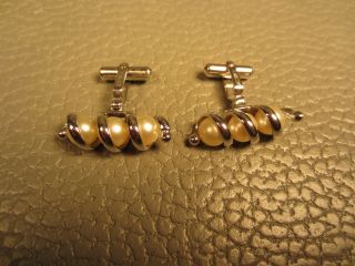 Vintage Triple Coiled Pearl White Gold Plated Cuff Links