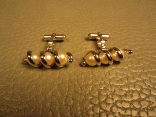 Vintage Triple Coiled Pearl White Gold Plated Cuff Links 2