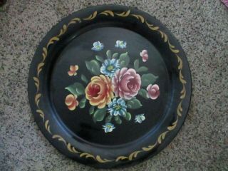 Vintage Large Round Black Tole Tray Hand Painted Oil Flowers Roses