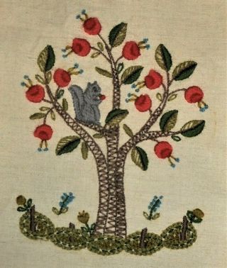 Jacobean Floral Tree Vintage Finished Completed Wall Art Crewel Embroidery
