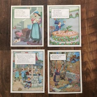 Vintage Nursery Rhyme Lithograph Wall Hanging Pictures Set Of Four Double Sided