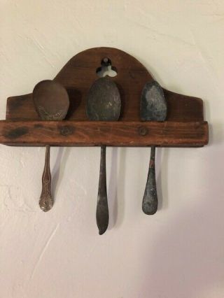 Early 1800s Penn German Hanging Wooden Spoon Rack With 3 Old Spoons