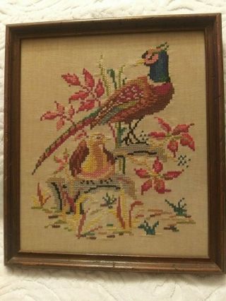 Vintage/antique? Crewel Embroidery Framed Pheasants 15 1/2 X 13 1/2 In.