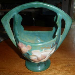 Antique Roseville Pottery Magnolia Basket Planter Green 383 - 7