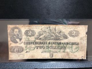 1862 Antique Confederate 2 Dollar Bill Richmond 2$ Currency