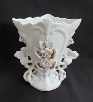Antique Porcelain Flat Back Spill Vase Mantle Vase 6” Tall Vg White