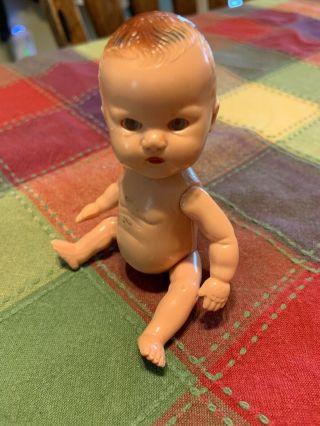 4 " Fully Jointed Vintage Plastic Hollywood Baby Doll O/c Eyes Molded Hair