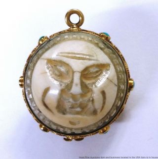 Antique 18k Gold Persian Turquoise Man In Moon Reversible Pendant