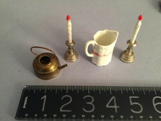 Antique Doll House Miniatures: Kettle,  Porcelain Pitcher,  Dutch Candlesticks,