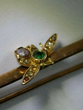Antique Victorian 9 Carat Gold Bar Brooch With Mounted Jewelled Insect