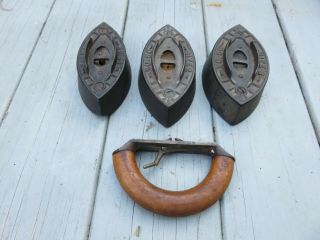 Three Antique Sad Flat Irons With 1 Wood Handle.  No.  50,  Sizes 1,  2,  3.  Laundry
