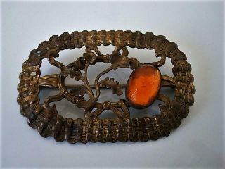 . Antique Art Nouveau Brass And Amber Glass Sash Pin Brooch Basketweave Design