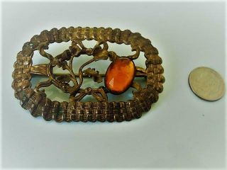 . Antique Art Nouveau Brass and Amber Glass Sash Pin Brooch Basketweave Design 2