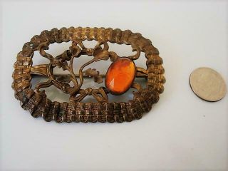 . Antique Art Nouveau Brass and Amber Glass Sash Pin Brooch Basketweave Design 3