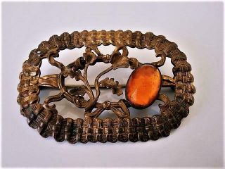 . Antique Art Nouveau Brass and Amber Glass Sash Pin Brooch Basketweave Design 4