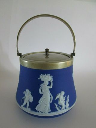 Antique England 1913 Wedgwood Jasperware Blue & White cookie jar with lid 3