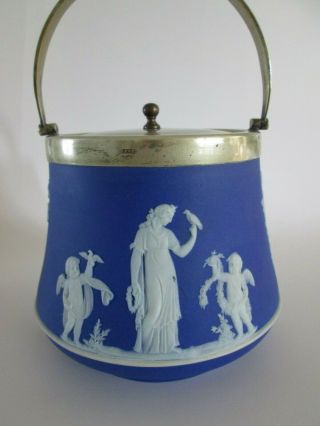 Antique England 1913 Wedgwood Jasperware Blue & White cookie jar with lid 4
