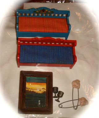 Folk Art Doll House Furniture - Wood Benches,  Sewing Miniature - Framed Painting