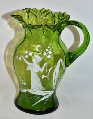 Antique Mary Gregory Green Glass Pitcher 2