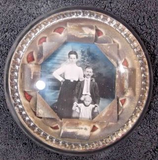 Antique Glass Paperweight With Portrait Inside And Decorative Metal Trim