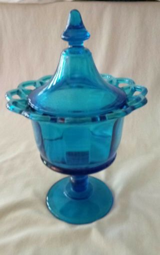 Imperial Antique Blue Glass Lidded Jar Footed Open Lace Edge 9.  5 ".