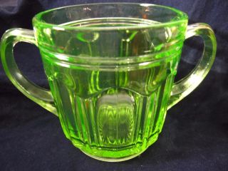 Antique Uranium Glass Depression Glass Green Vaseline Double Handle Sugar Bowl