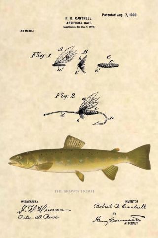 Official Fishing Lure Us Patent Art Print - Antique Trout Fly Fish Brown Reel 391