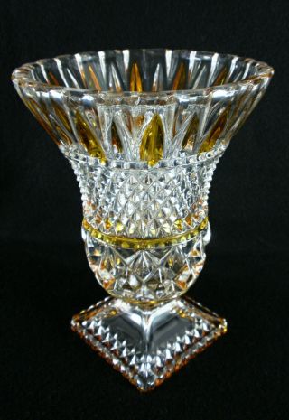 Rare Antique Baccarat Clear & Amber Crystal Pedestal Vase W/ Square Cut Stem
