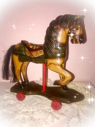 Vintage Wood Carved Toy Horse On Wheels 12 " X 12 "