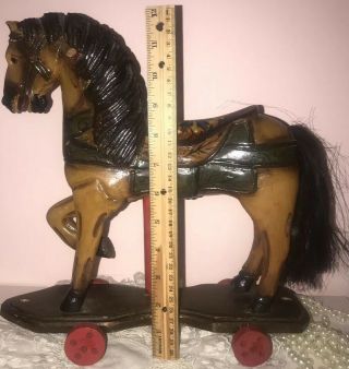 Vintage Wood CARVED Toy HORSE On WHEELS 12 