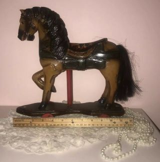 Vintage Wood CARVED Toy HORSE On WHEELS 12 