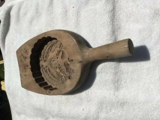 Antique Primitive Large Carved Wood Butter Maple Sugar Candy Mold Birds W Handle