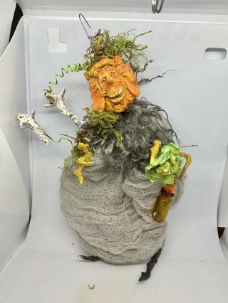 Primitive Handsculpted Halloween Mossy Punkin Witch & Veggies & Spooks 9”