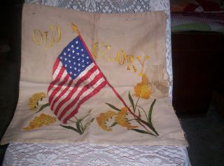 Vintage Embroidered Pillow Cover With Flag,  Old Glory,  Silk Thread,  20 X19